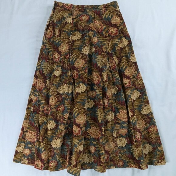 VTG Floral and Fern Corduroy Burgundy Green Side Button Maxi Skirt Folk Cottage - Picture 4 of 8